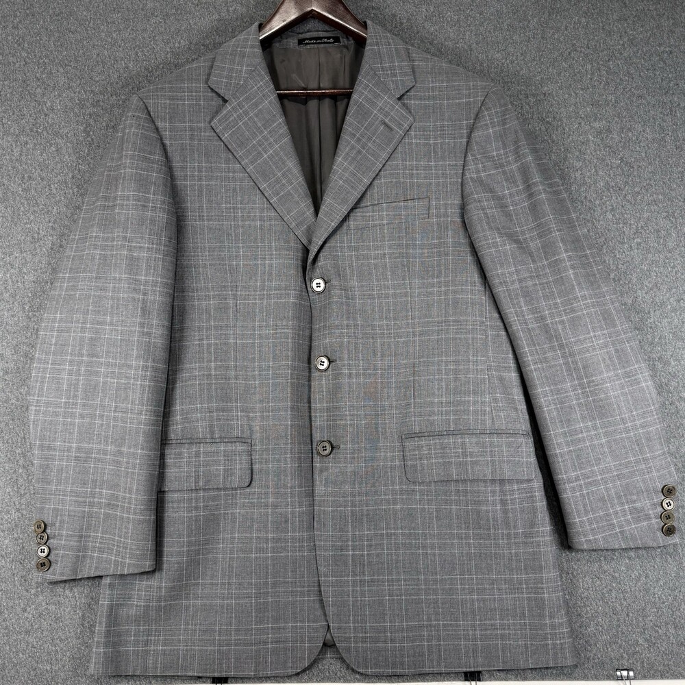 Façonnable Mens Gray Plaid 100% Wool 3-Button Blazer 46R Made in Italy